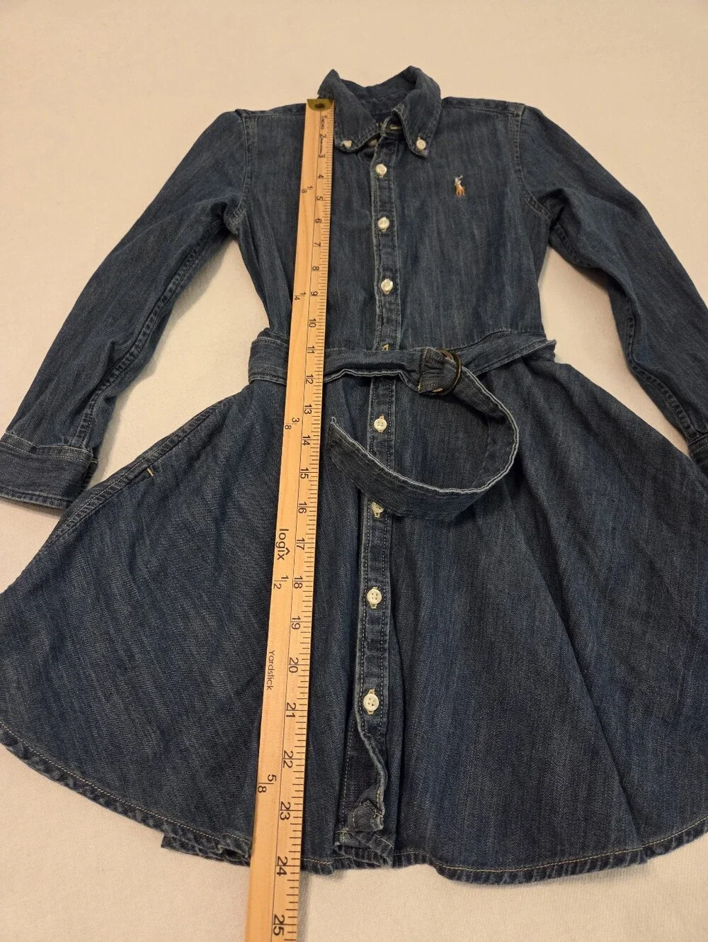 POLO RALPH LAUREN Girls Belted Denim Button Down Embroidered Pony Shirt Dress